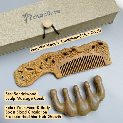 TanmuCare Hand-carved Green Sandalwood Comb -Magpie Pattern hair comb with vintage style package and sandalwood scalp massage comb set