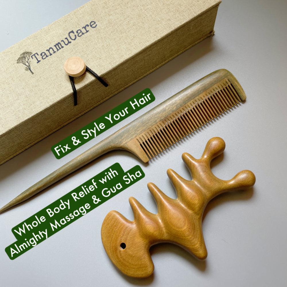 TanmuCare Green Sandalwood Rat -Tail Fine Tooth Wooden Pintail Styling Comb + Sandallwood almighty massage and gua sha tool set