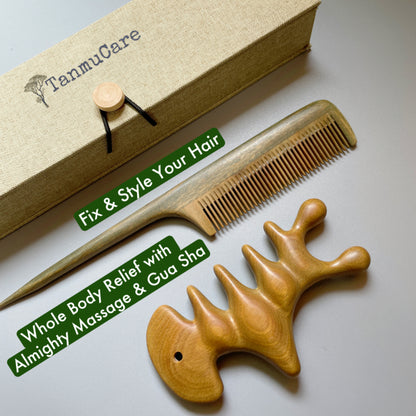 TanmuCare Green Sandalwood Rat -Tail Fine Tooth Wooden Pintail Styling Comb + Sandallwood almighty massage and gua sha tool set