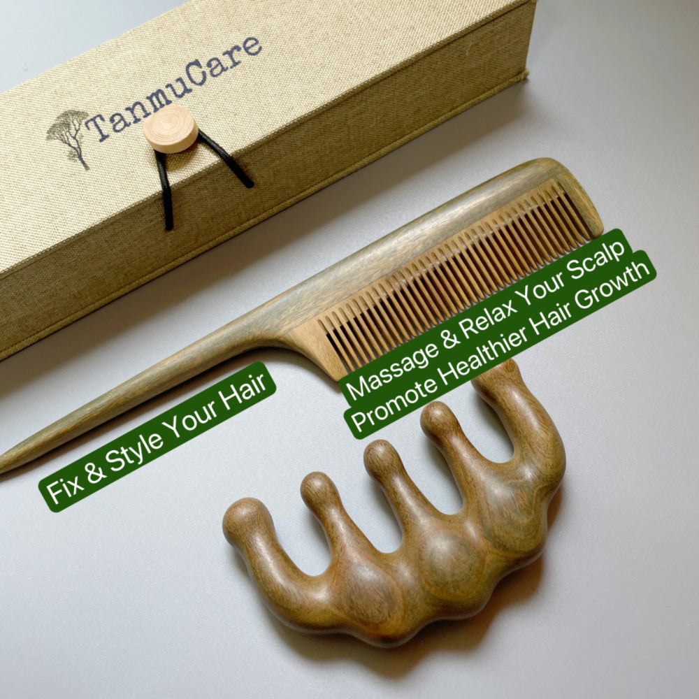 TanmuCare Green Sandalwood Rat -Tail Fine Tooth Wooden Pintail Styling Comb + Sandallwood scalp massage comb set