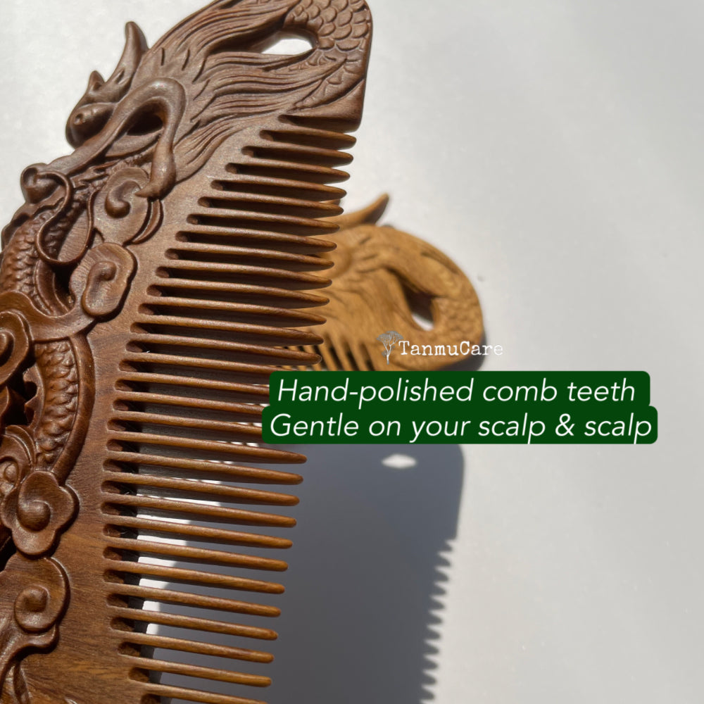 tanmucare Handcrafted Green Sandalwood Hair Comb - Loong/Dragon Pattern