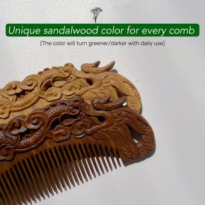 tanmucare Handcrafted Green Sandalwood Hair Comb - Loong/Dragon Pattern