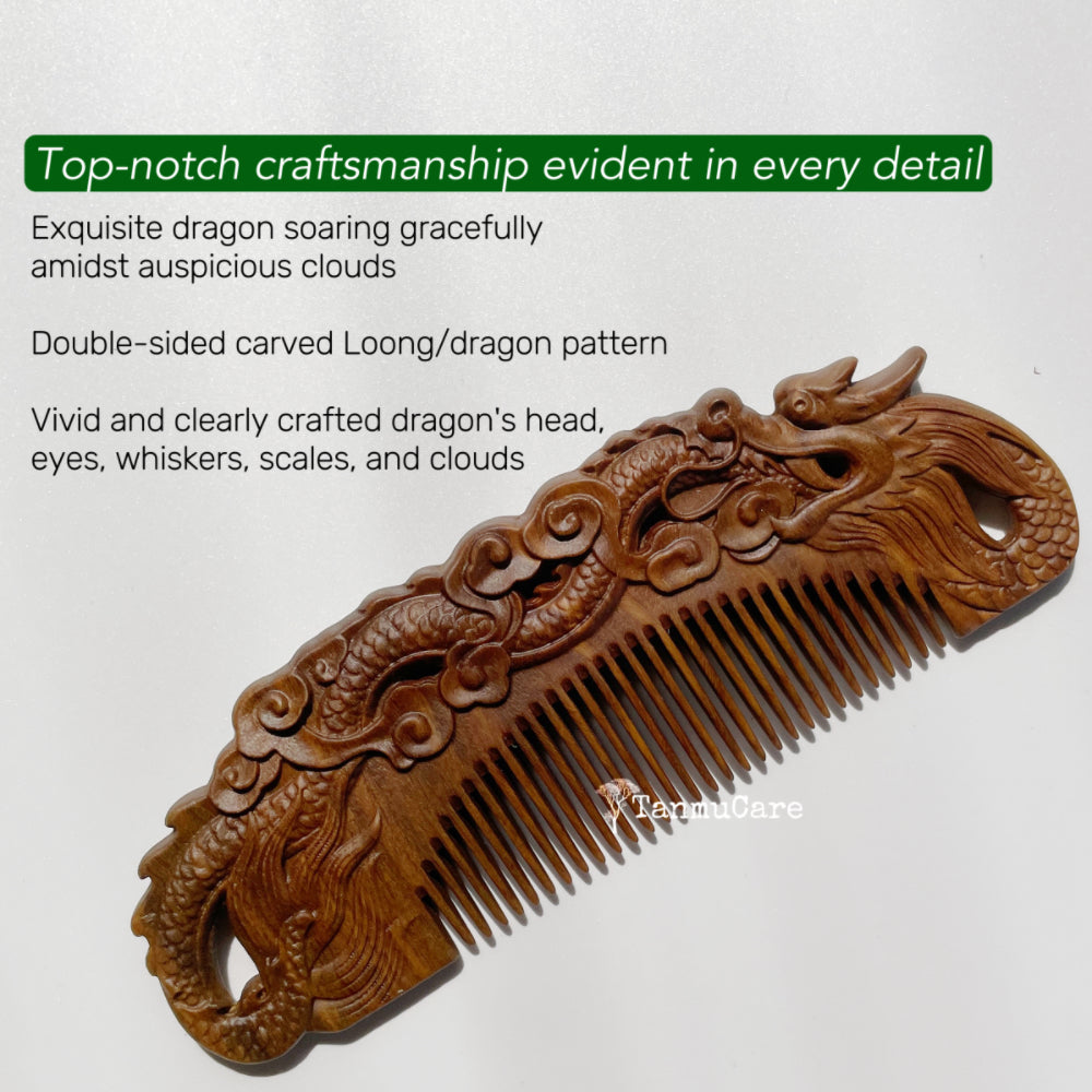 tanmucare Handcrafted Green Sandalwood Hair Comb - Loong/Dragon Pattern