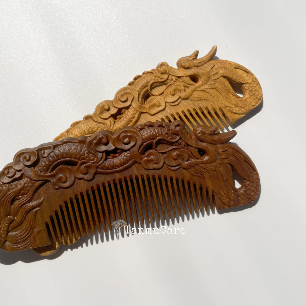 tanmucare Handcrafted Green Sandalwood Hair Comb - Loong/Dragon Pattern