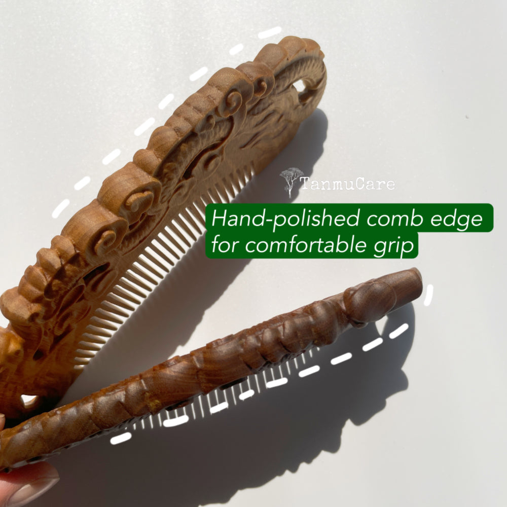 tanmucare Handcrafted Green Sandalwood Hair Comb - Loong/Dragon Pattern