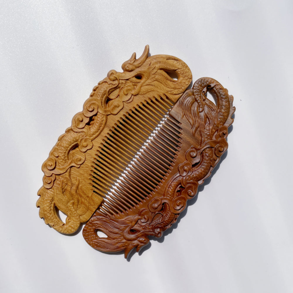 tanmucare Handcrafted Green Sandalwood Hair Comb - Loong/Dragon Pattern