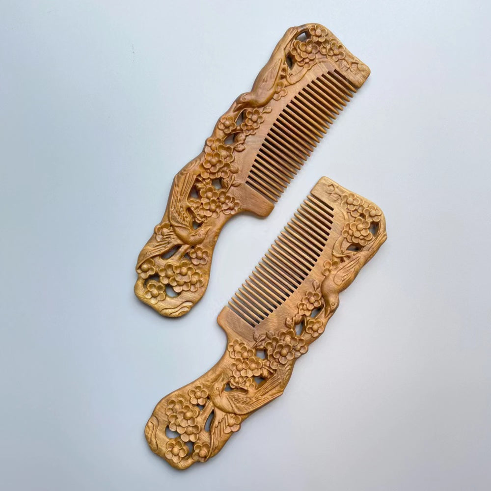 TanmuCare Hand-carved Green Sandalwood Comb -Magpie Pattern