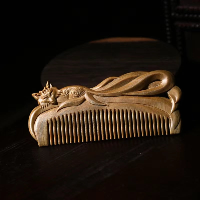 TanmuCare Hand-carved Green Sandalwood Comb - Fairy Fox Pattern