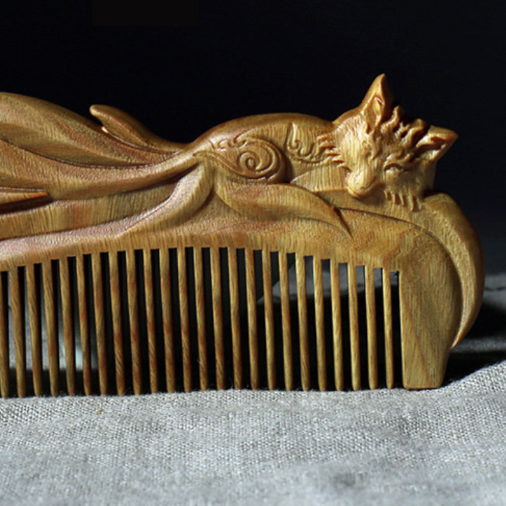 TanmuCare Hand-carved Green Sandalwood Comb - Fairy Fox Pattern