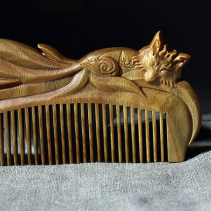 TanmuCare Hand-carved Green Sandalwood Comb - Fairy Fox Pattern